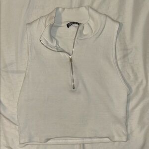 Zara White Ribbed Crop Top with Zipper